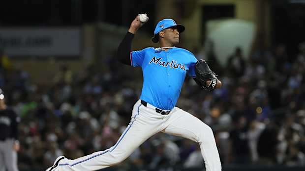 Mar 4, 2024; Jupiter, Florida, USA; Miami Marlins starting pitcher Edward Cabrera (27) delivers a pitch against the New York Yankees during the fourth inning at Roger Dean Chevrolet Stadium.